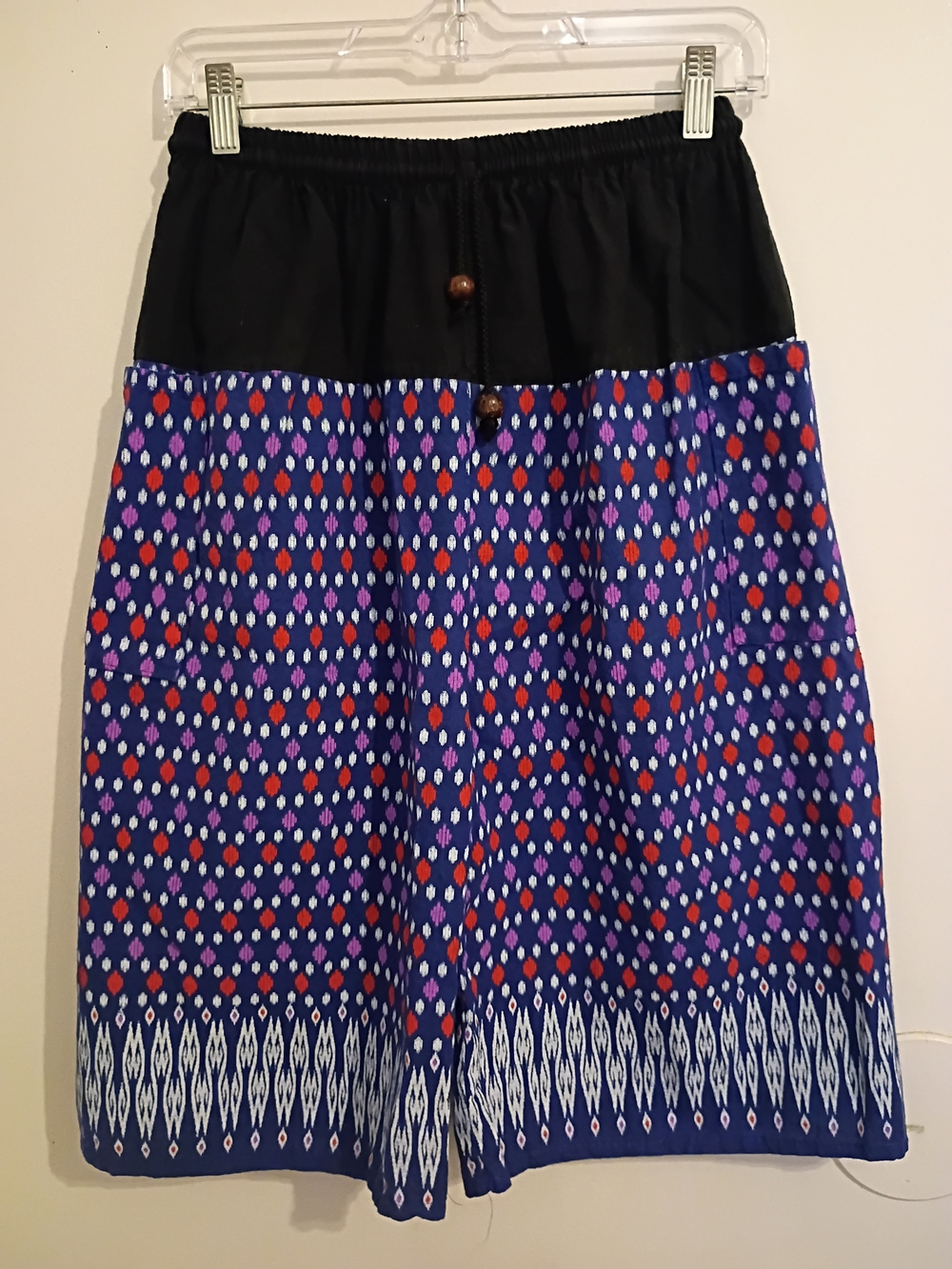 Source Unknown Blue Patterned High-Waist Women's Shorts with Black Waistband